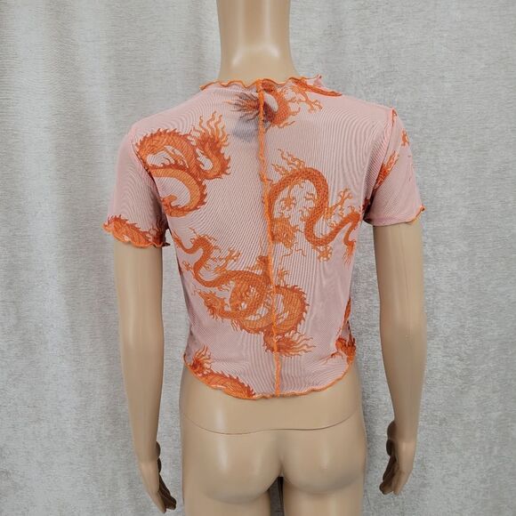 Just Polly Orange Sheer Mesh Dragon Crop Top Tee - Picture 6 of 8